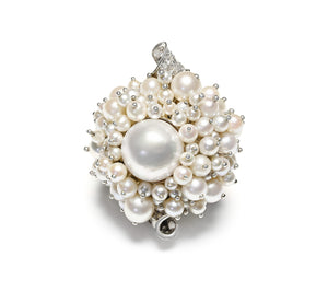 Magnificent 18K White Gold Diamond and Pearl Cluster Ring
