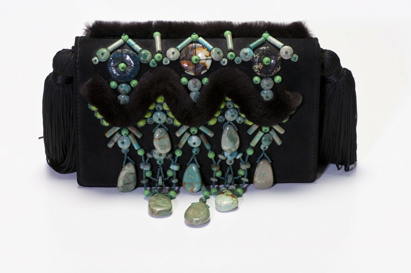 Oscar de la Renta Black Suede Turquoise Tassel Clutch Bag