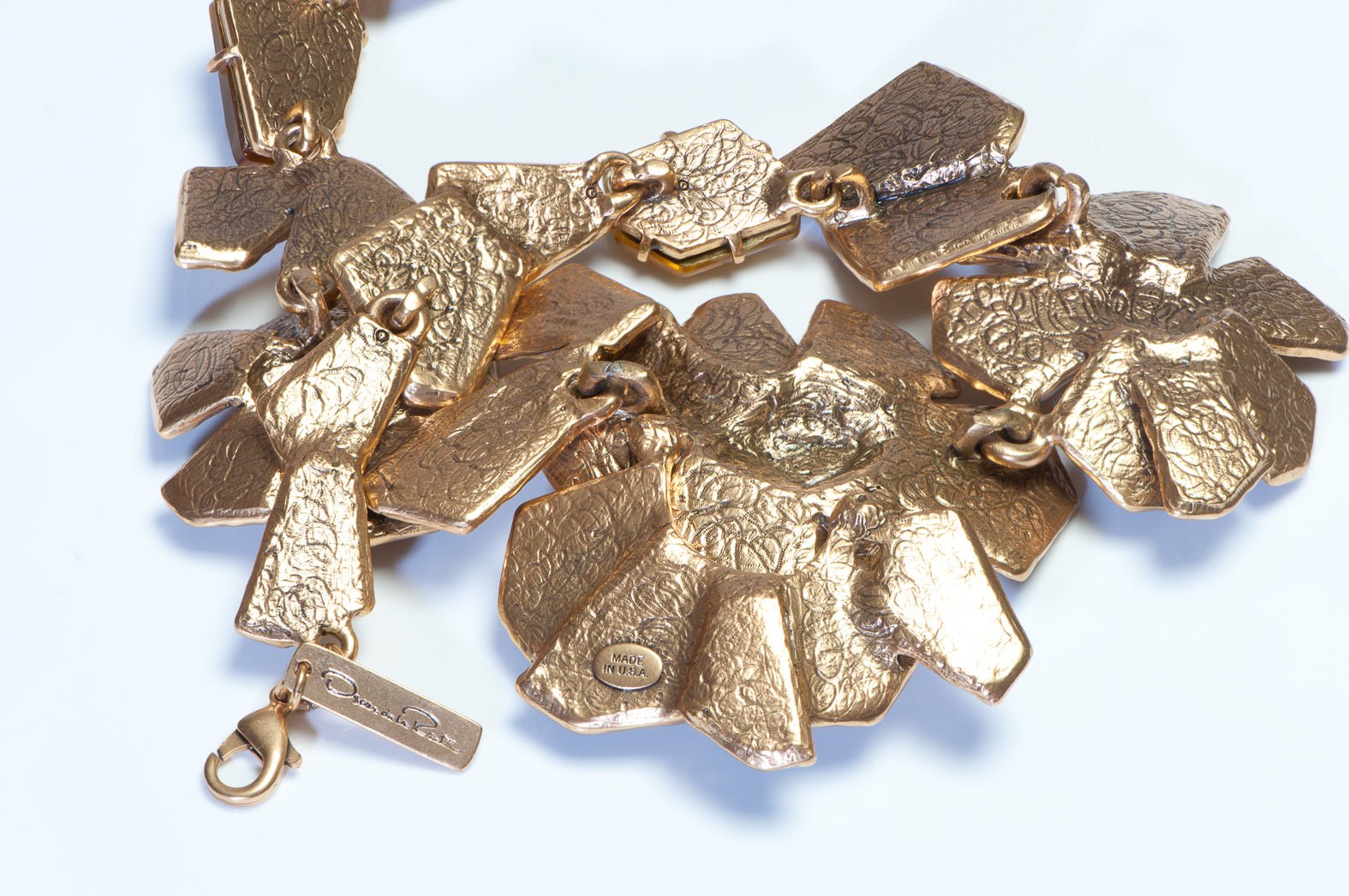 Oscar de la Renta Brass Metal Yellow Crystal Flower Collar Necklace