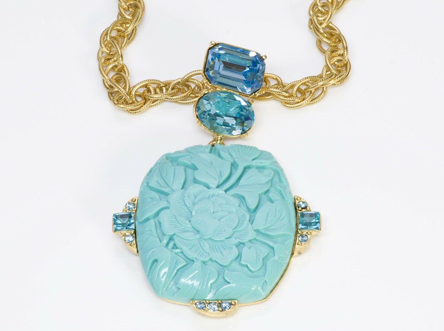 Oscar de la Renta Carved Flower Faux Turquoise Blue Crystal Pendant Necklace