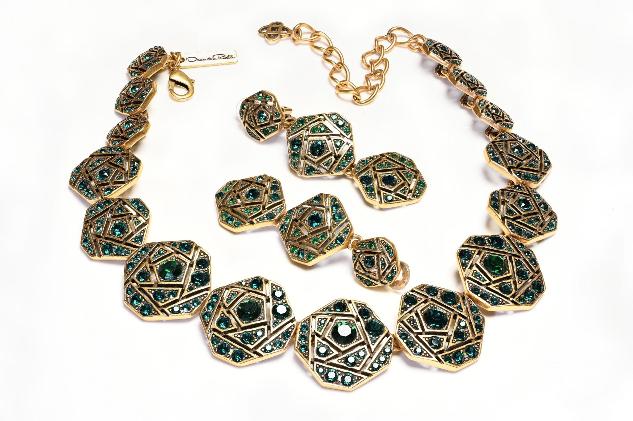 Oscar de la Renta Green Crystal Art Deco Style Necklace Long Earrings Set