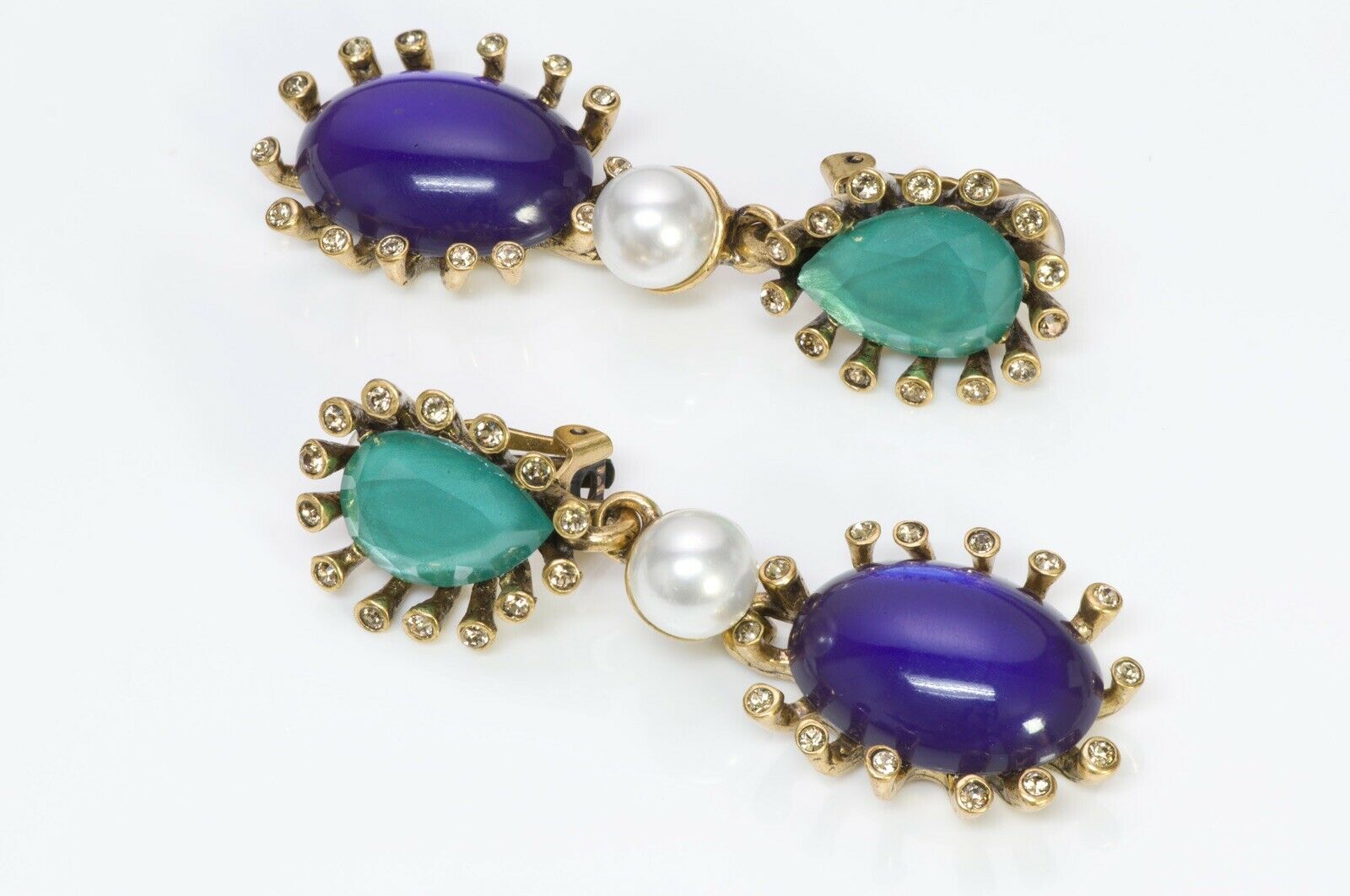 Oscar de la Renta Green Crystal Purple Glass Pearl Earrings