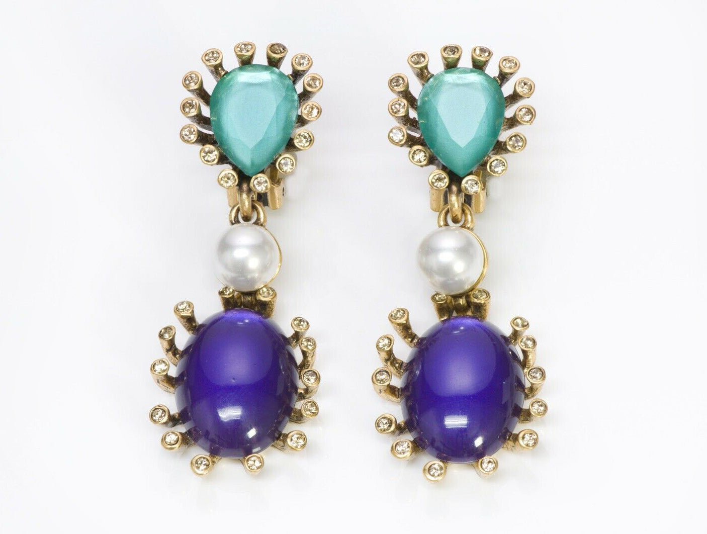 Oscar de la Renta Green Crystal Purple Glass Pearl Earrings