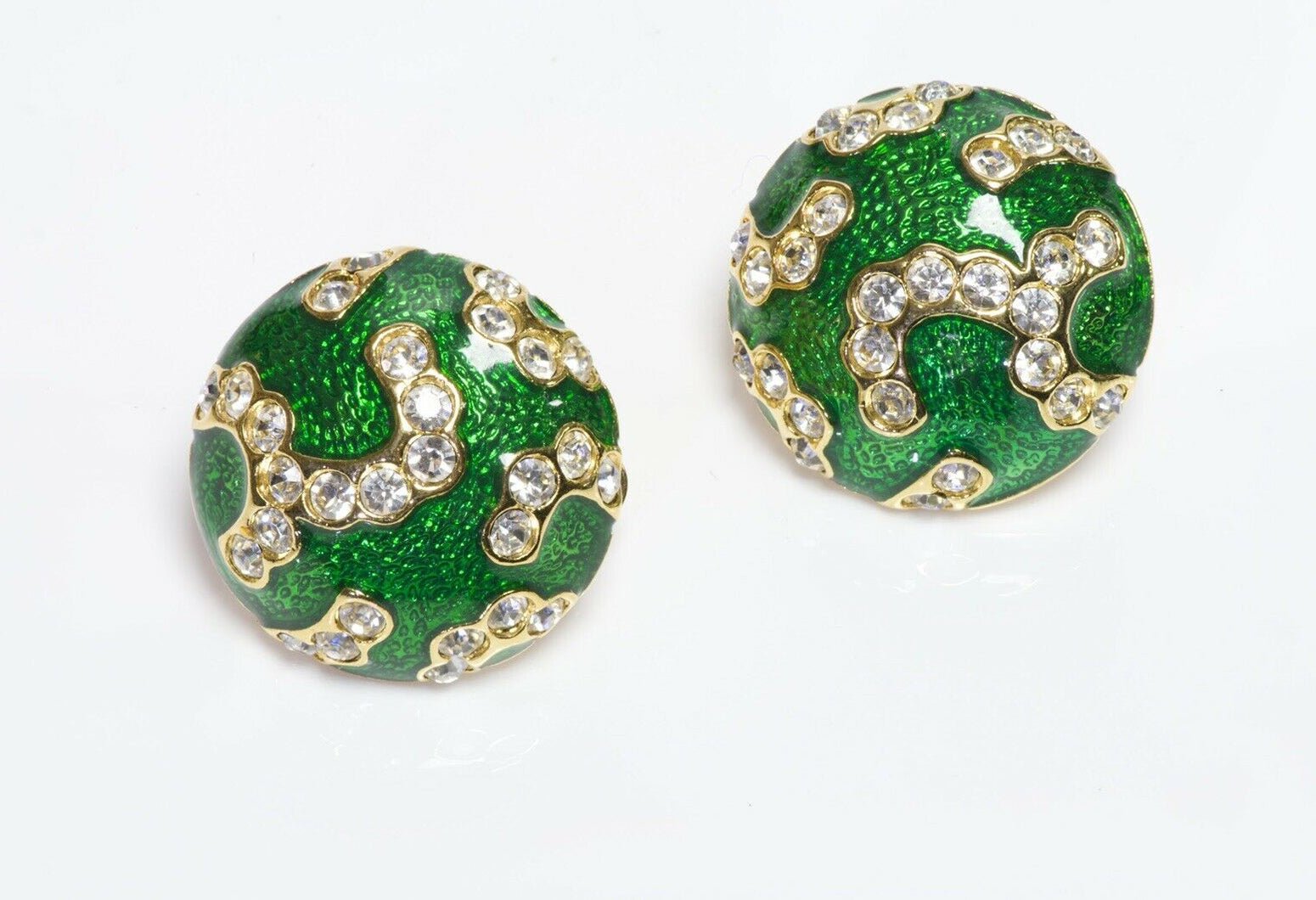 Oscar de la Renta Green Enamel Crystal Round Earrings