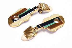 Oscar de la Renta Long Brown Green Enamel Guitar Earrings