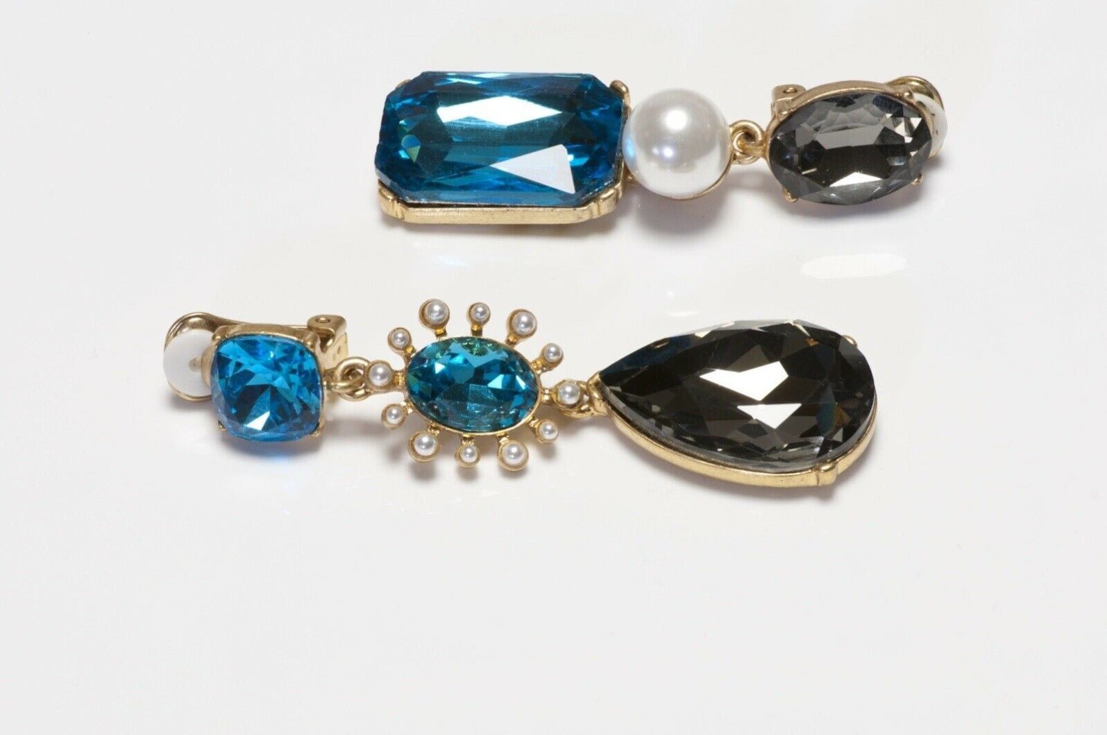 Oscar de la Renta Long Faux Pearl Blue Crystal Earrings