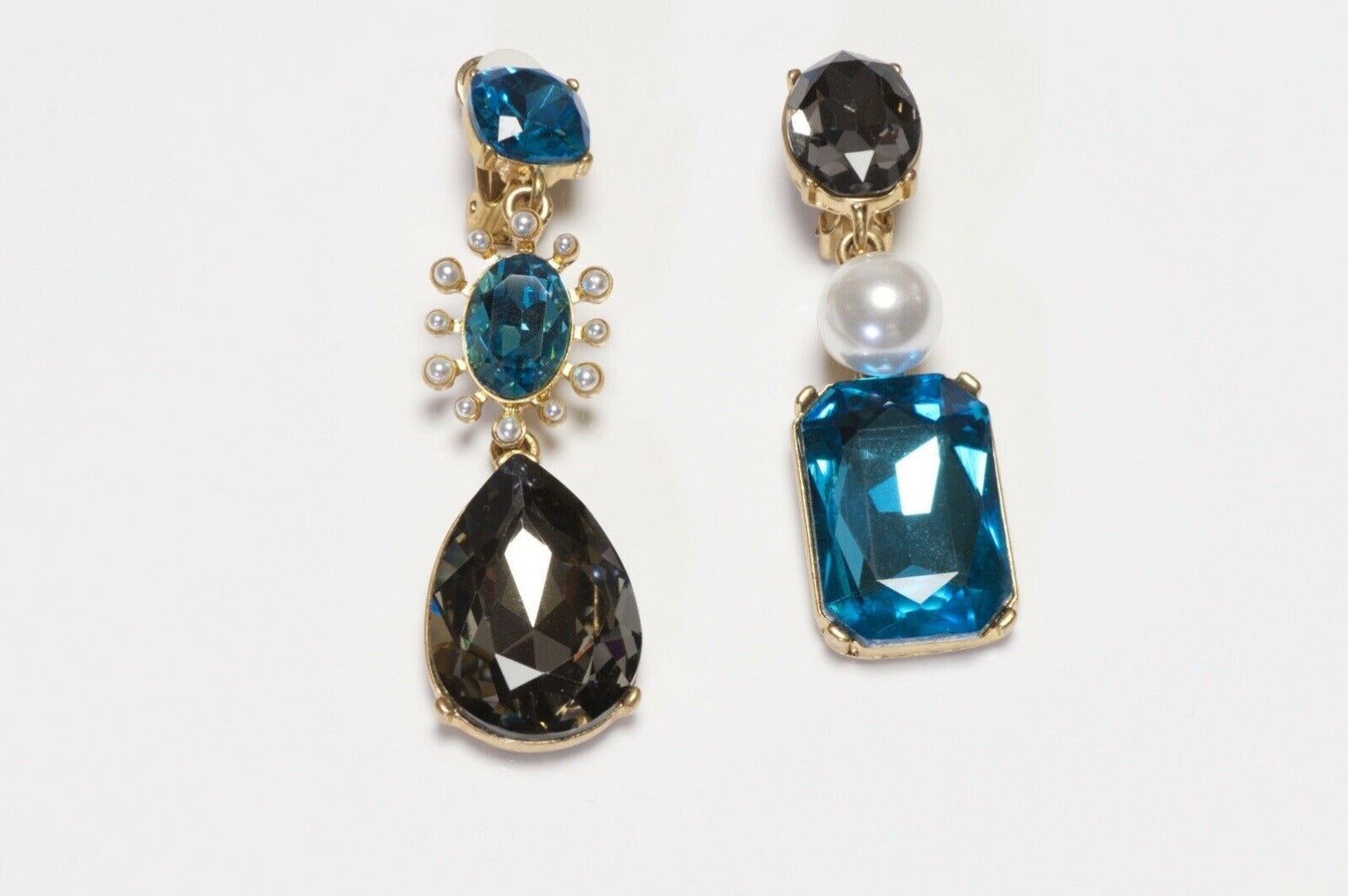 Oscar de la Renta Long Faux Pearl Blue Crystal Earrings
