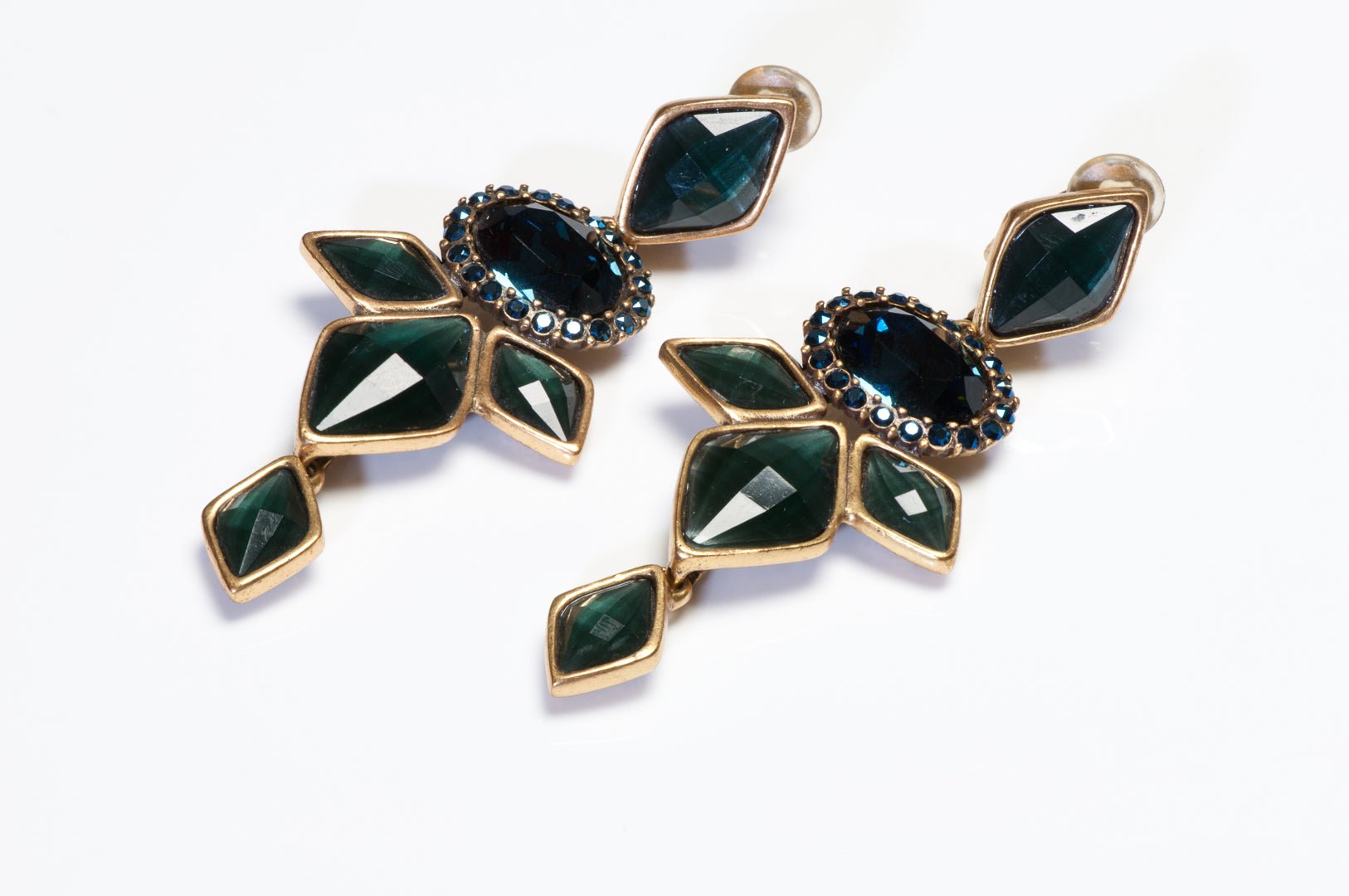 Oscar de la Renta Long Green Blue Crystal Drop Earrings