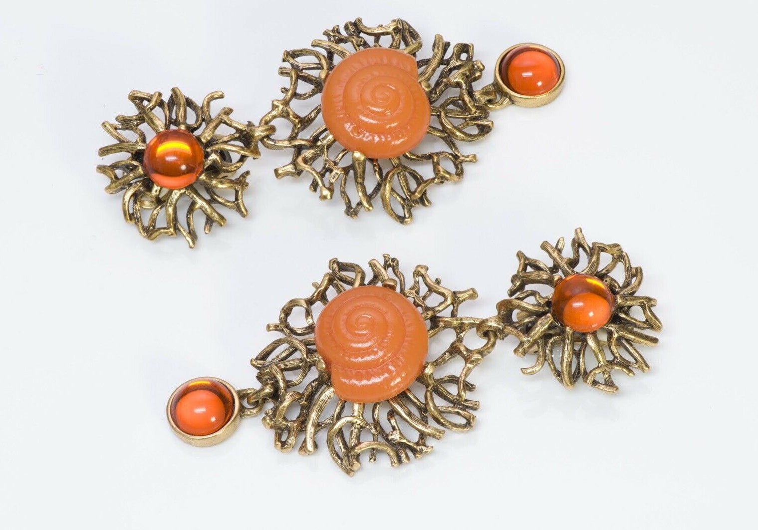 Oscar de la Renta Long Orange Cabochon Glass Shell Earrings