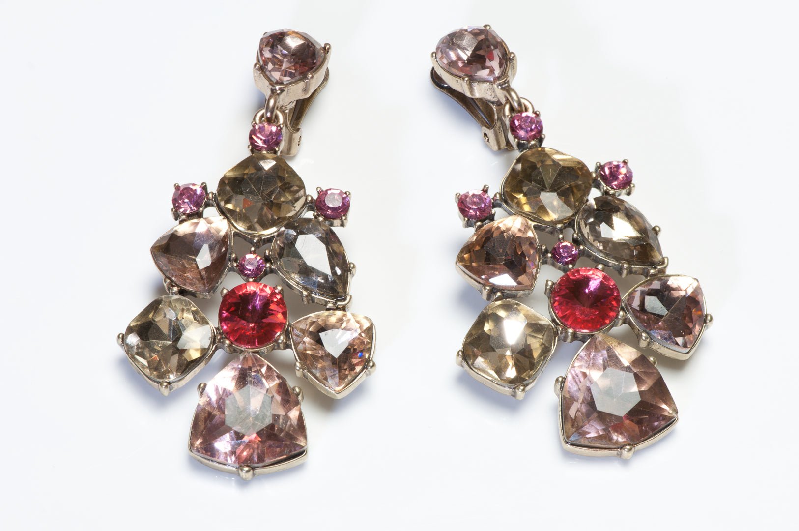 Oscar de la Renta Long Pink Champagne Yellow Crystal Drop Earrings