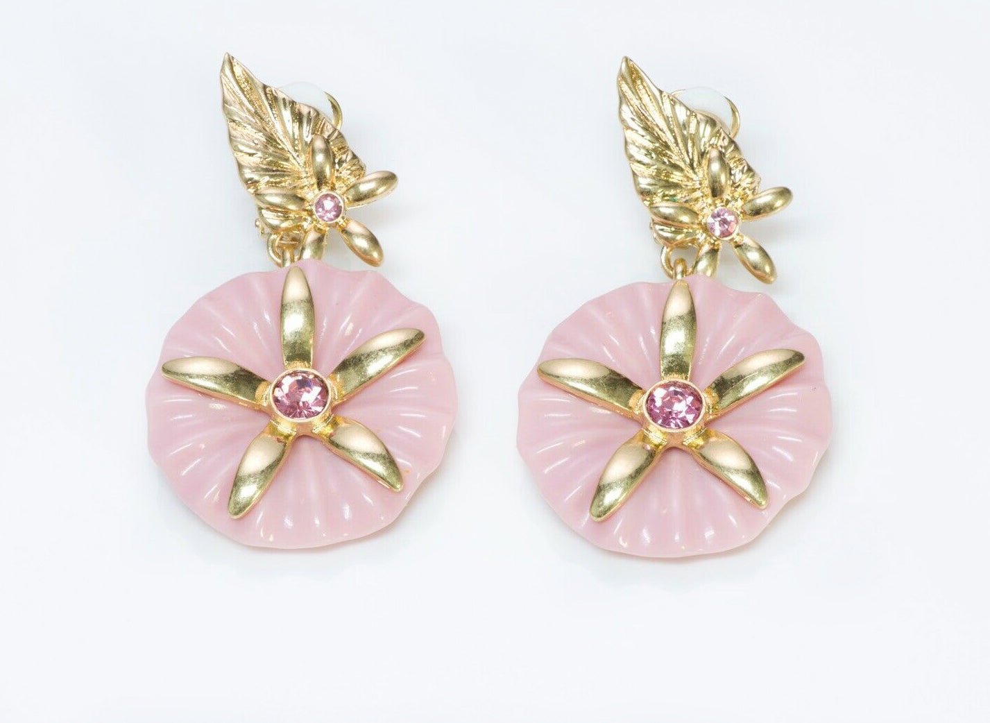 Oscar de la Renta Long Pink Crystal Flower Earrings