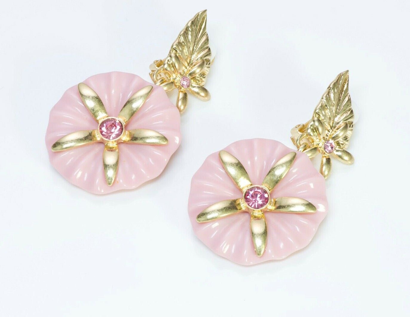 Oscar de la Renta Long Pink Crystal Flower Earrings