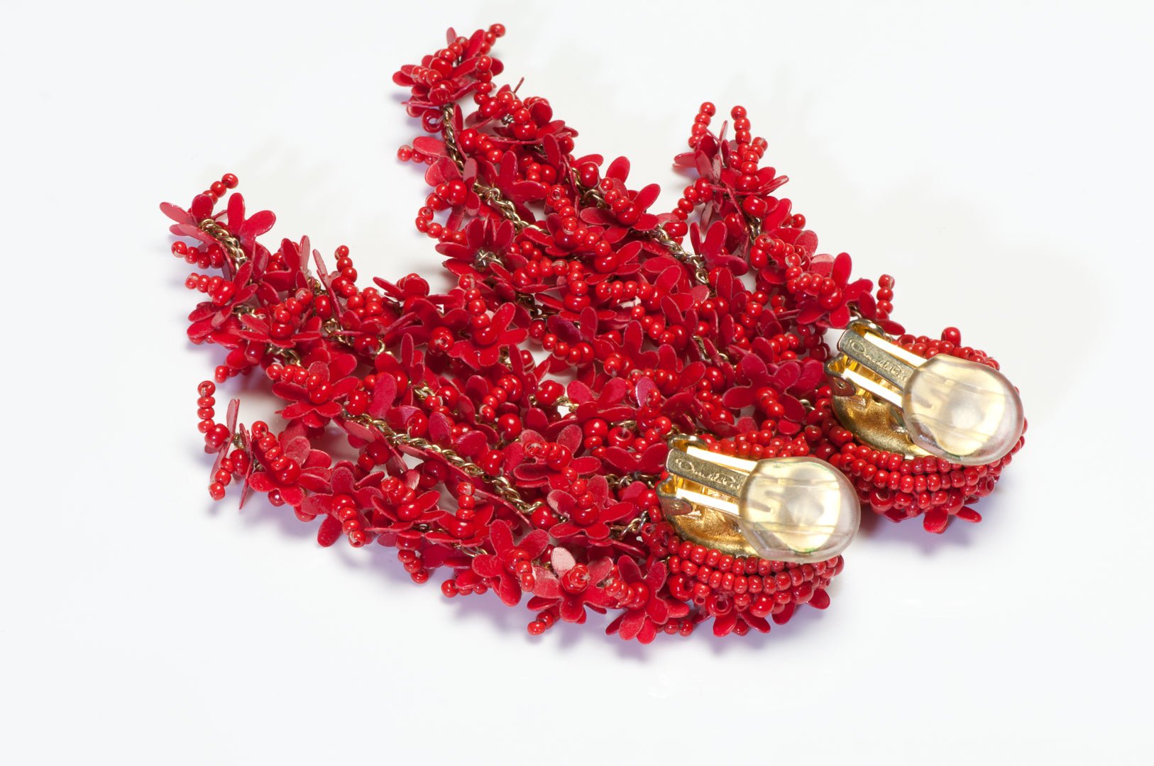 Oscar de la Renta Long Red Glass Beads Flower Tassel Earrings