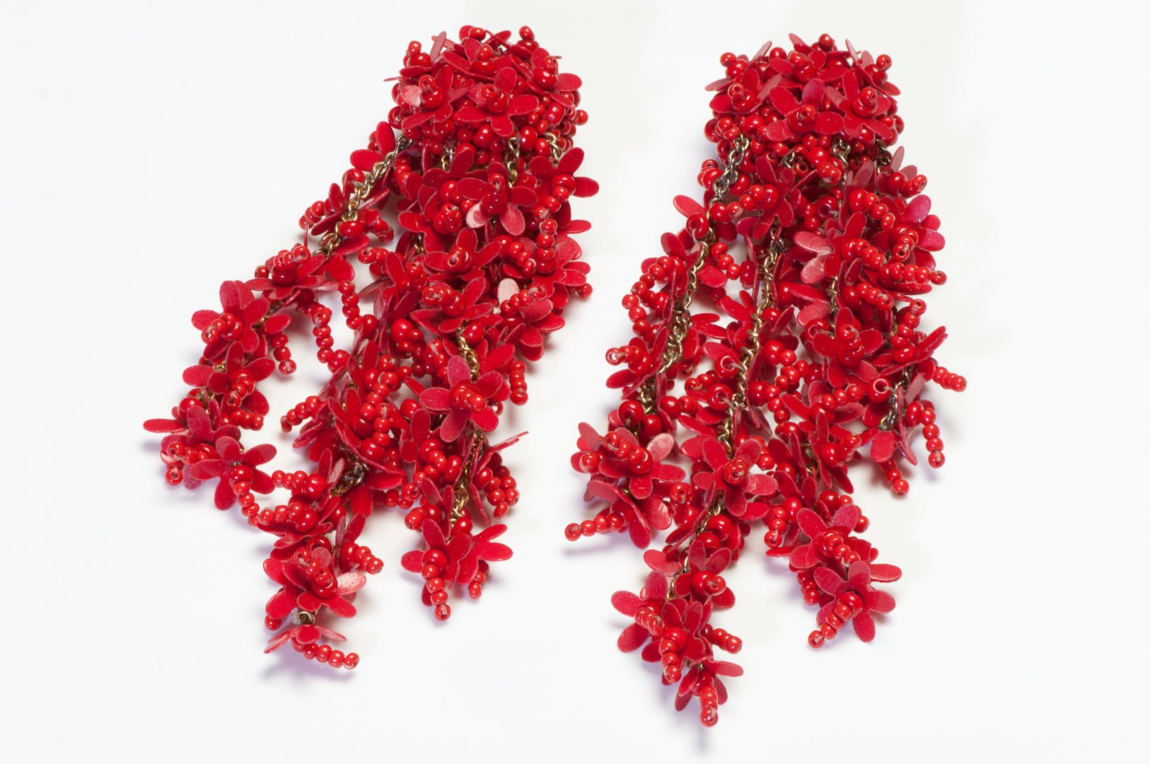 Oscar de la Renta Long Red Glass Beads Flower Tassel Earrings
