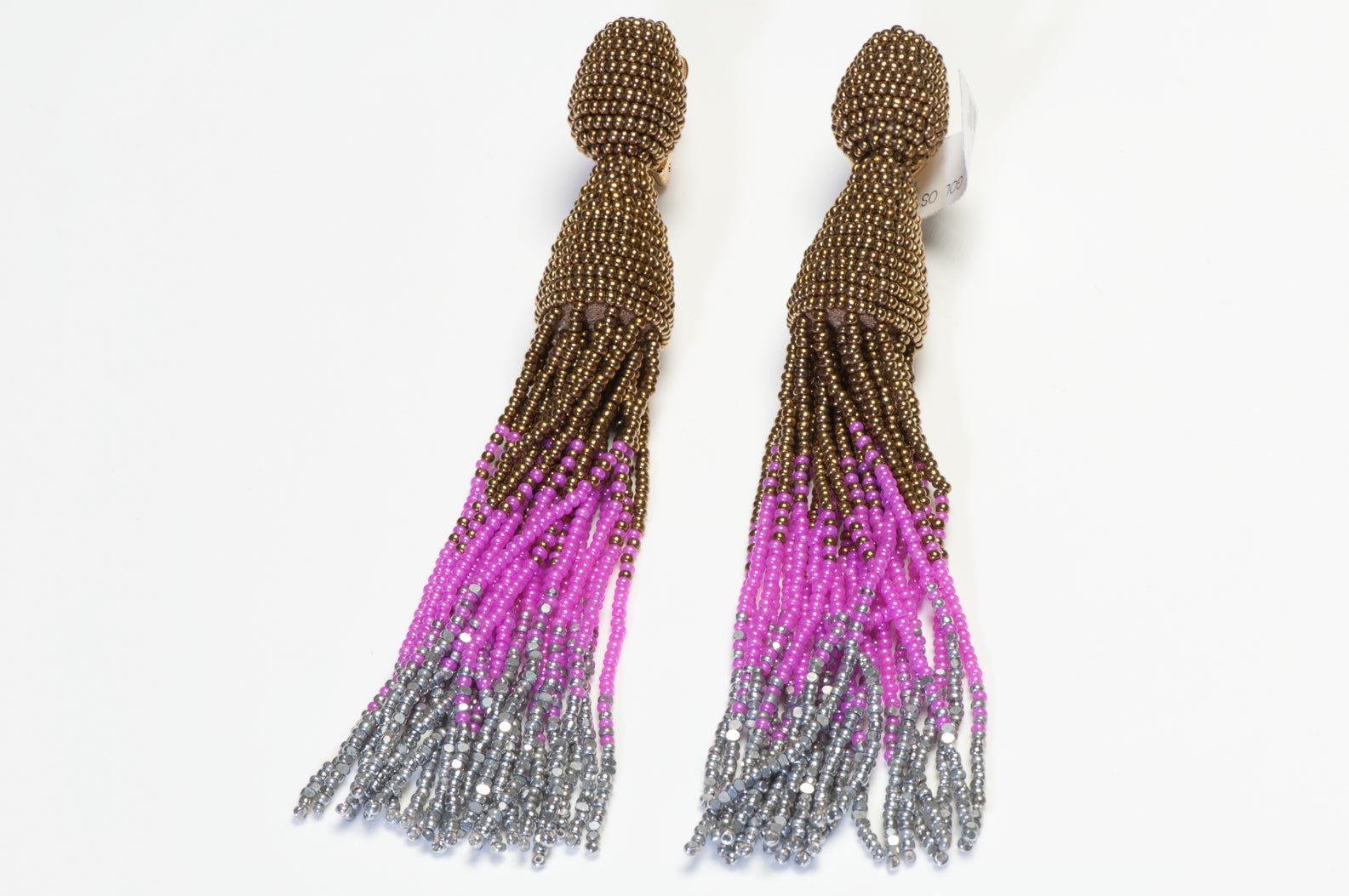 Oscar de la Renta Long Silver Bronze Pink Beads Tassel Earrings