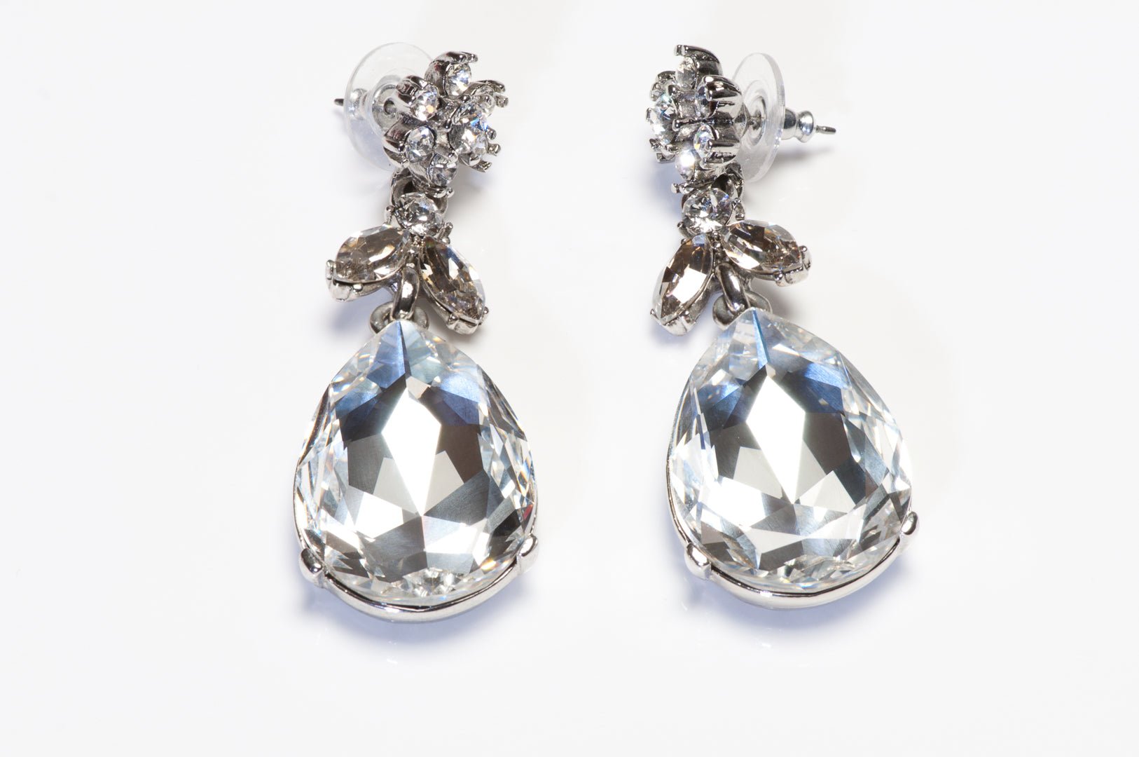 Oscar de la Renta Long Silver Tone Crystal Earrings