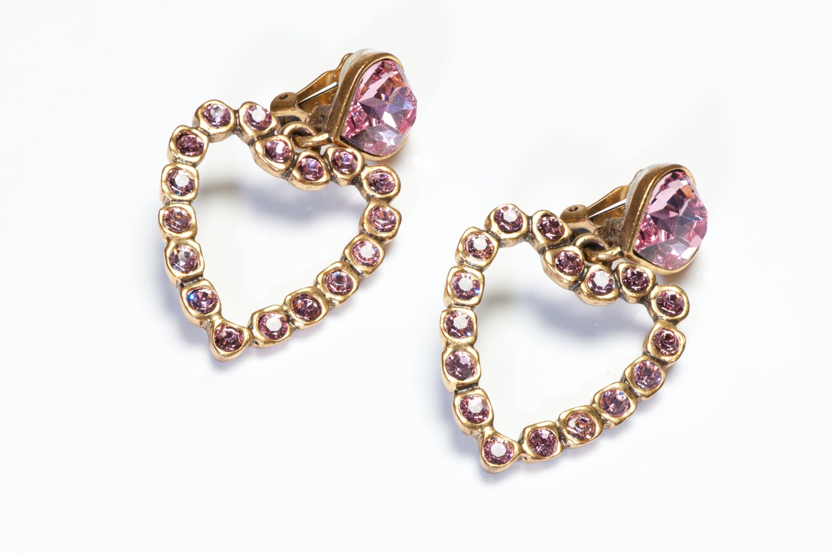 Oscar de la Renta Pink Crystal Heart Hoop Earrings