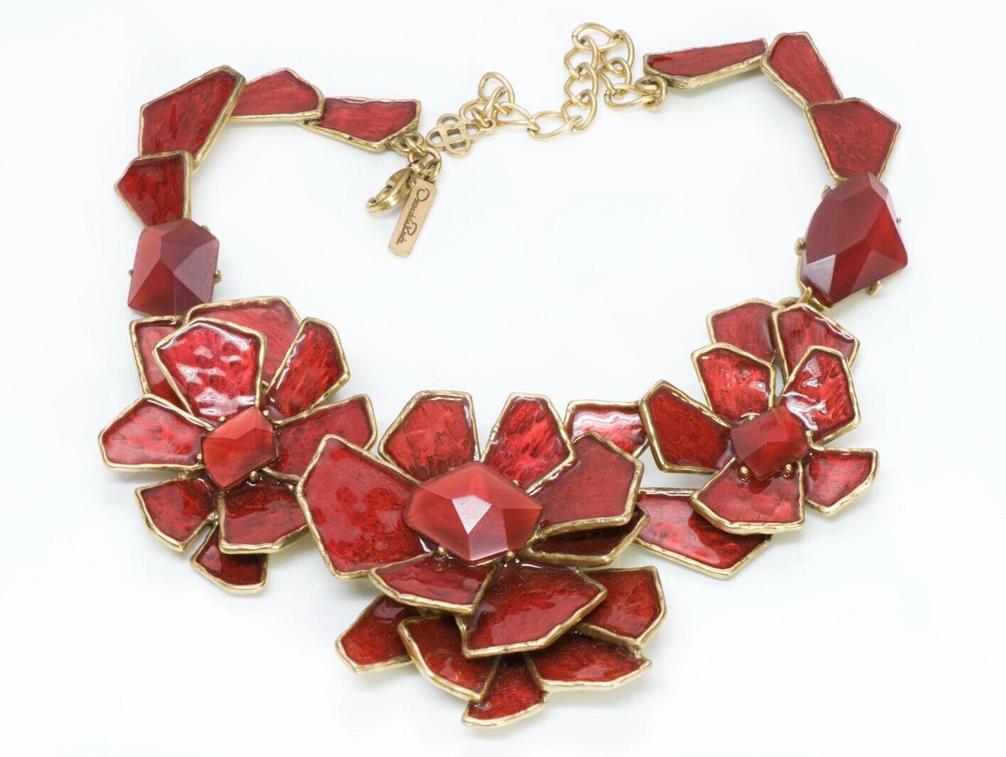 Oscar de la Renta Runway Red Enamel Crystal Flower Necklace