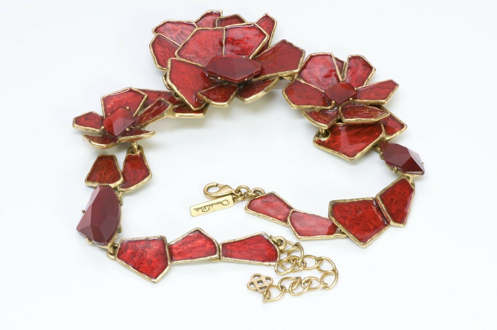 Oscar de la Renta Runway Red Enamel Crystal Flower Necklace