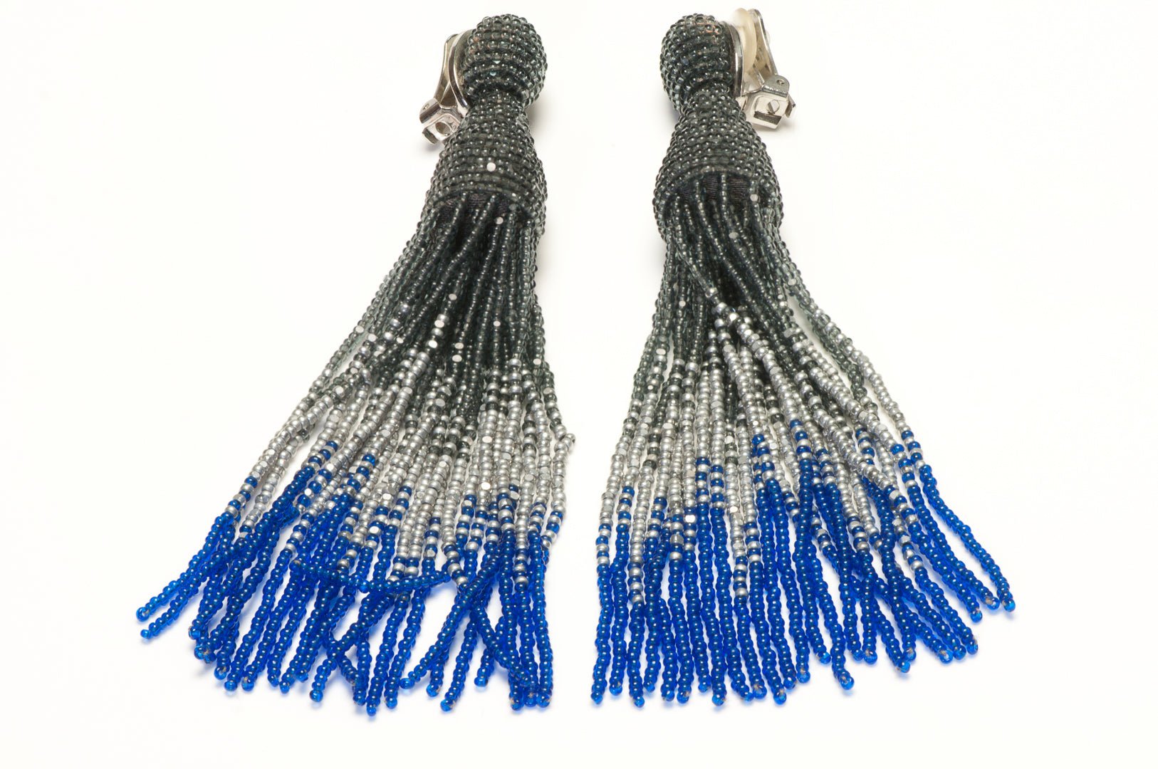 Oscar de la Renta Silver Blue Glass Beads Tassel Shoulder Duster Earrings