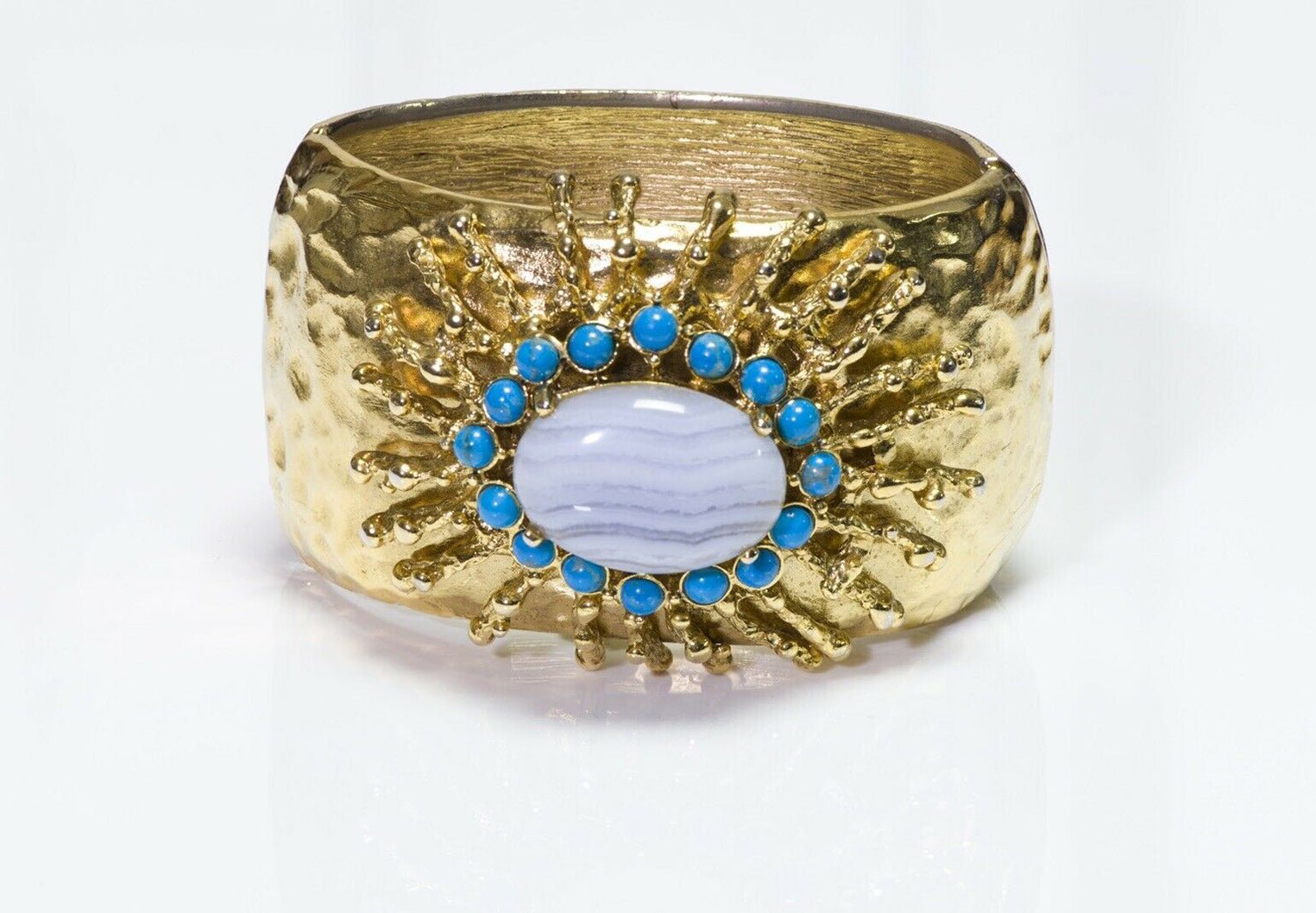 Oscar de la Renta Wide Hammered Blue Cabochon Glass Bangle Bracelet