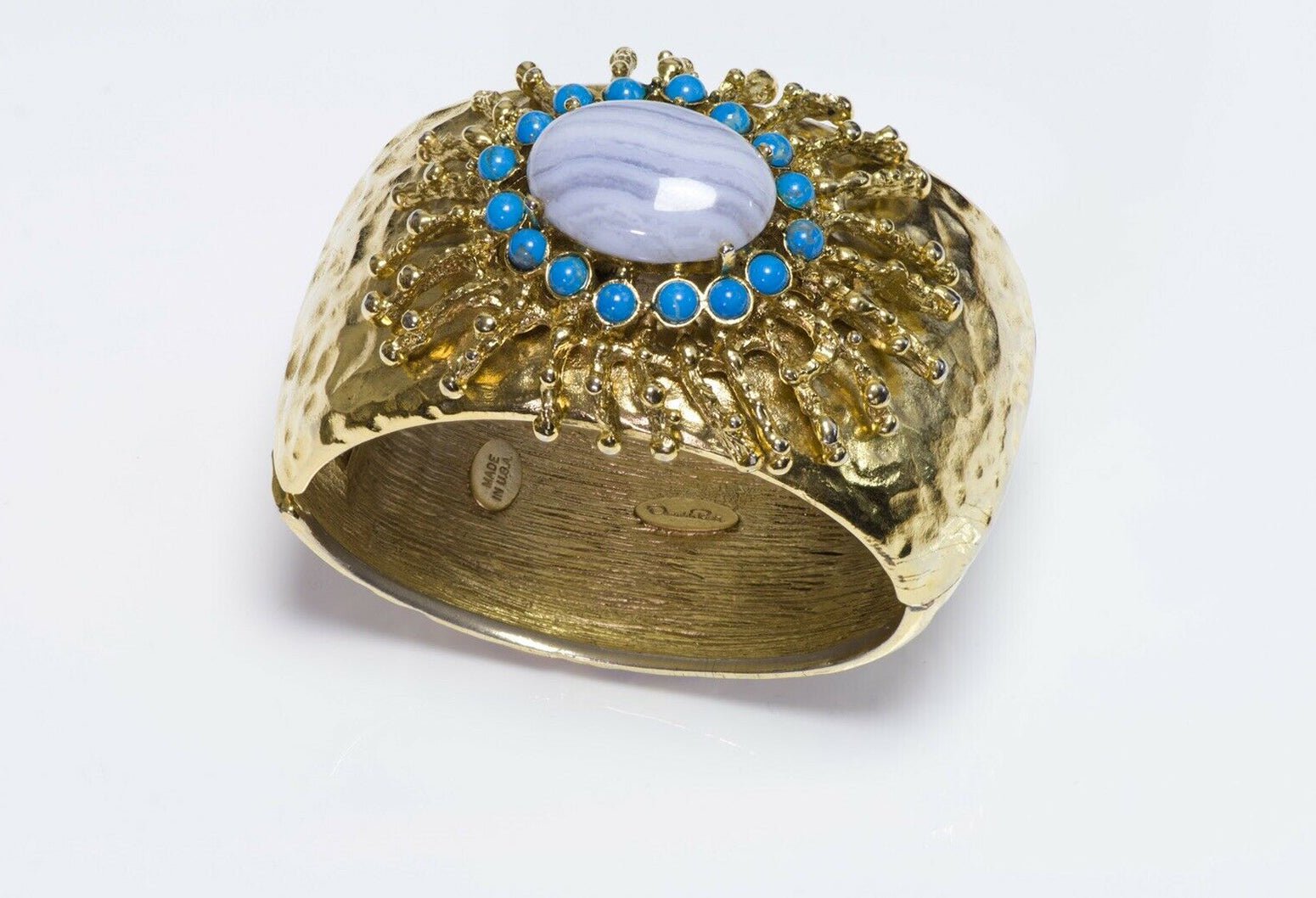 Oscar de la Renta Wide Hammered Blue Cabochon Glass Bangle Bracelet