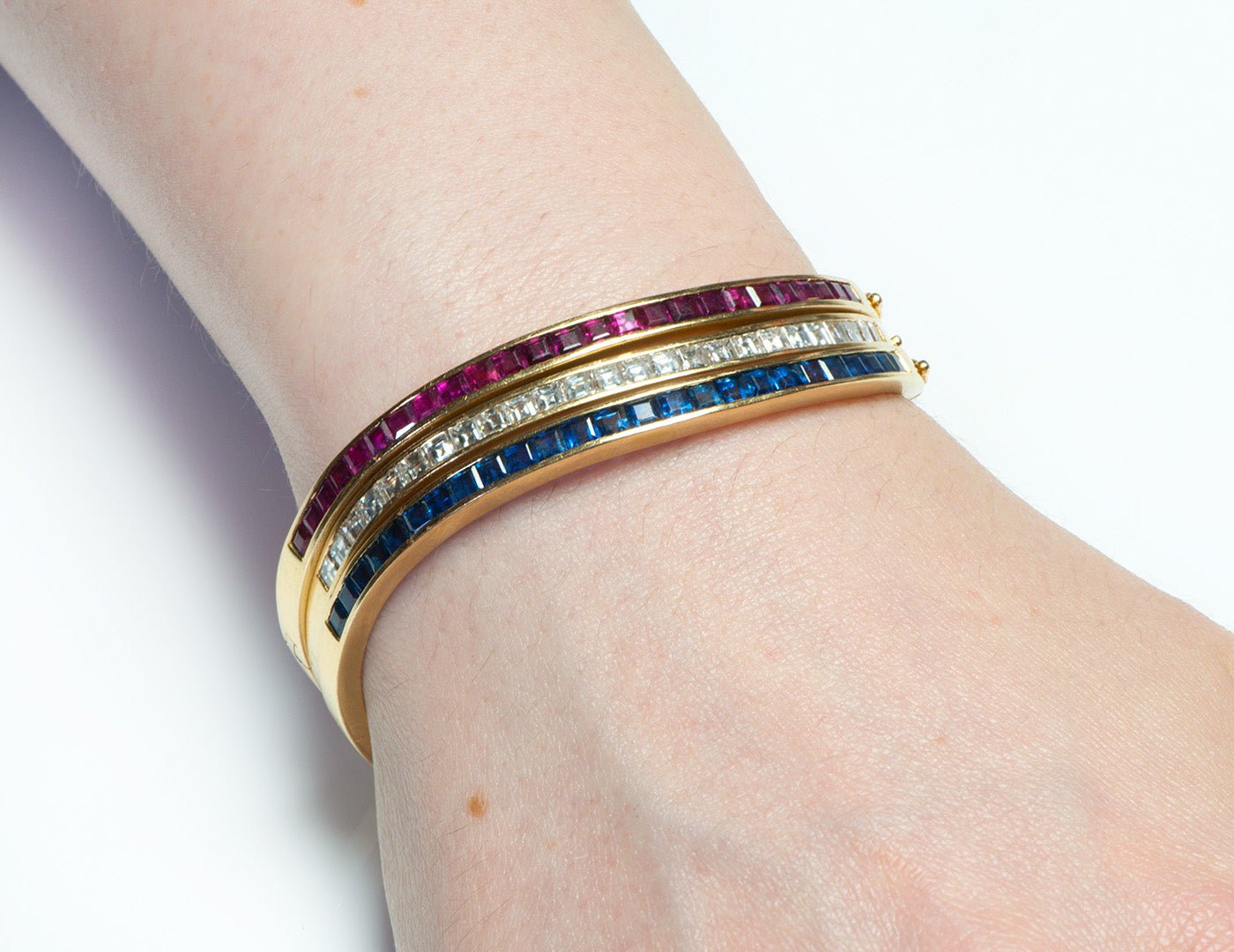 Oscar Heyman Diamond Ruby Sapphire 18K Gold Wave Trio Bracelets