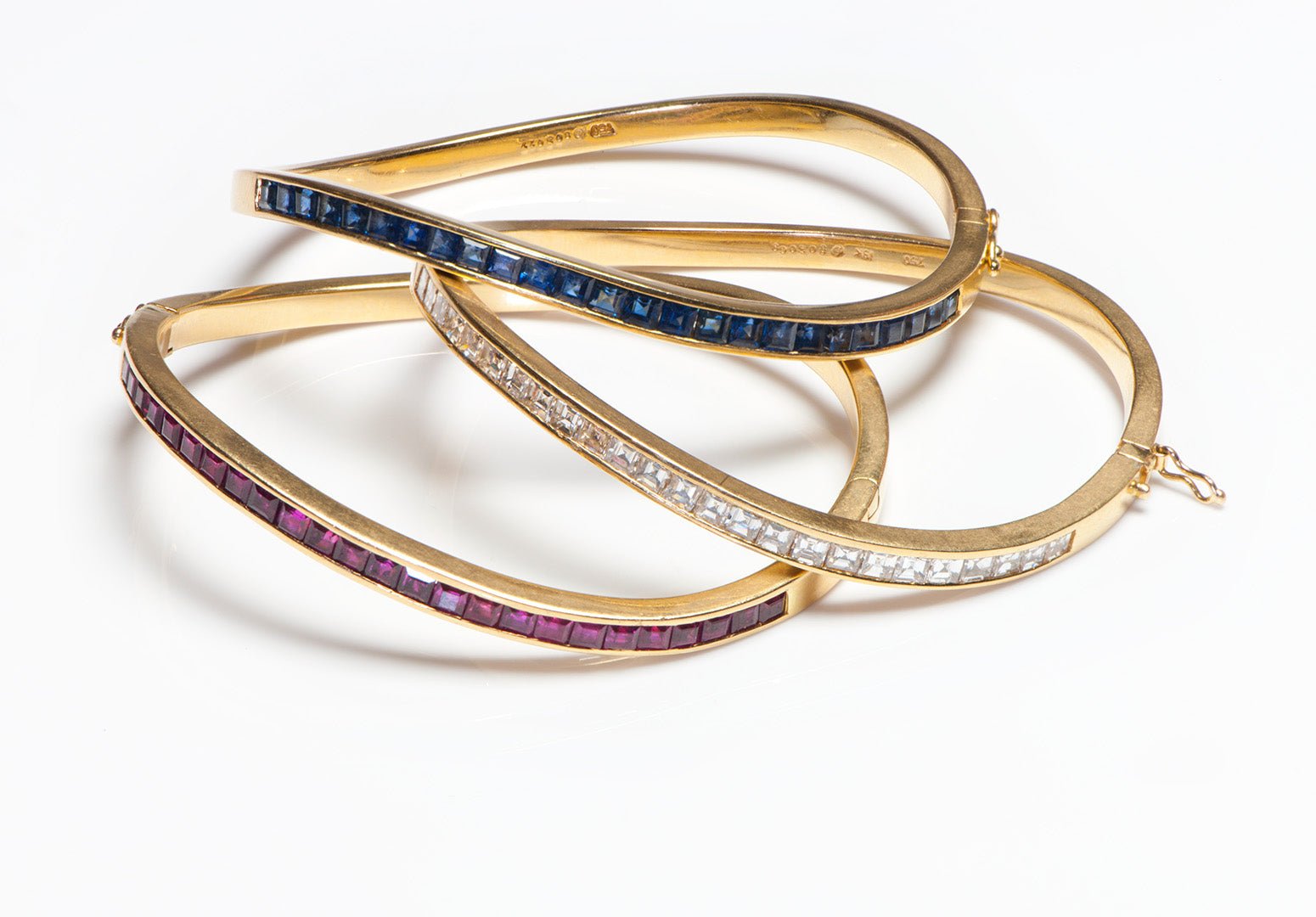 Oscar Heyman Diamond Ruby Sapphire 18K Gold Wave Trio Bracelets