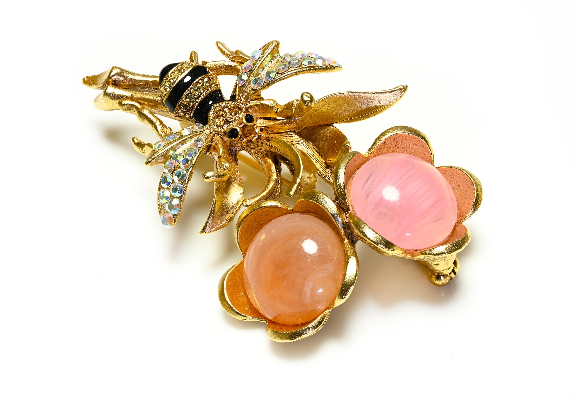 Oscar de la Renta Pink Glass Bee Crystal Flower Brooch