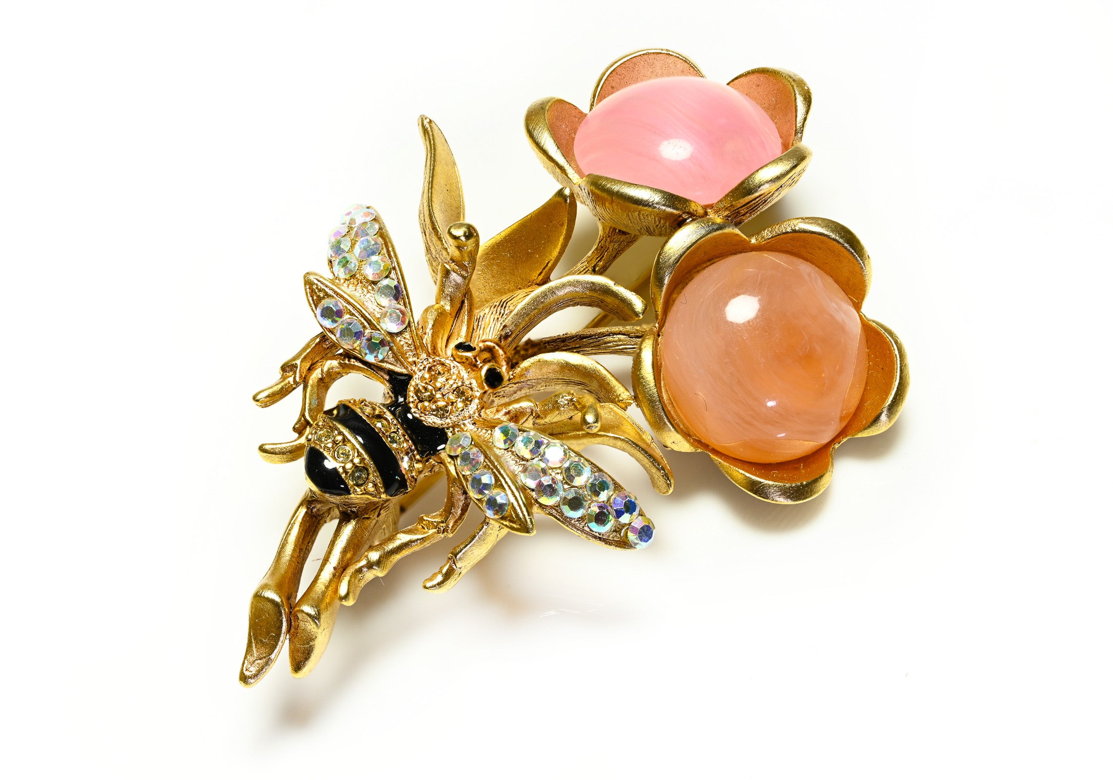 Oscar de la Renta Pink Orange Glass Bee Crystal Flower Brooch