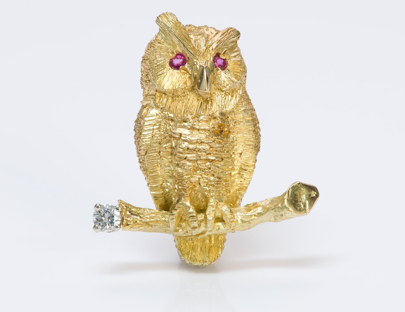Owl Ruby Diamond 18K Gold Brooch Pin