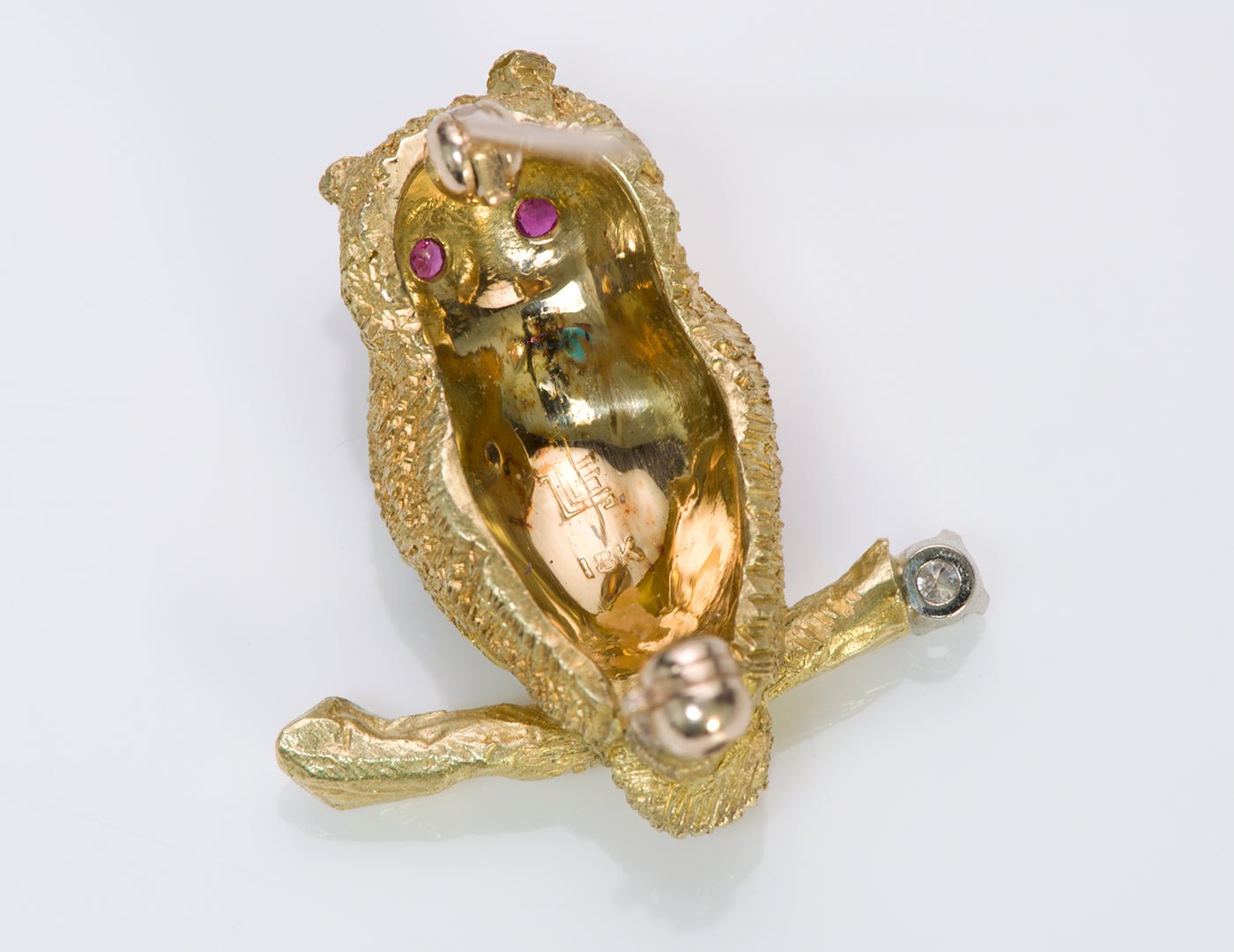 Owl Ruby Diamond 18K Gold Brooch Pin