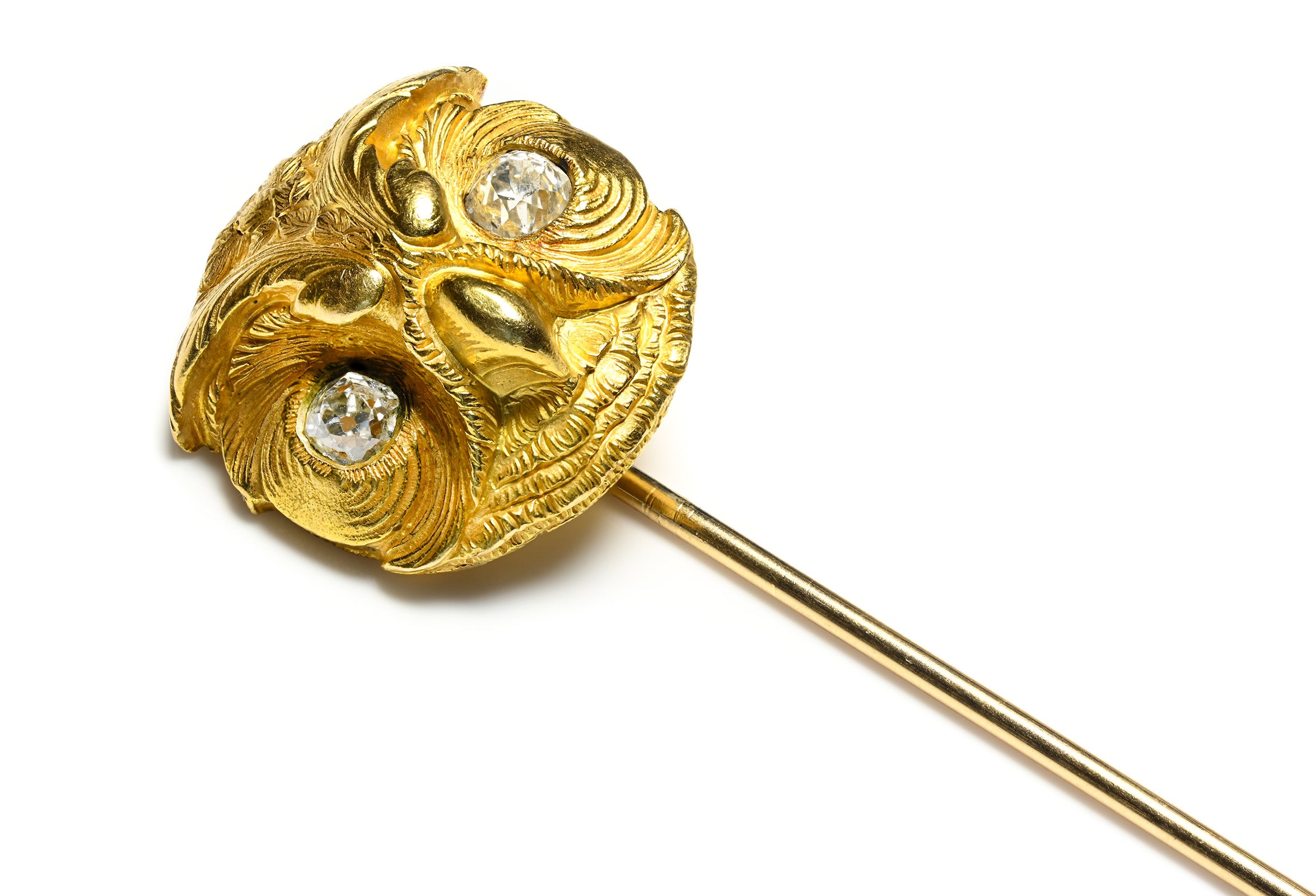 Victorian Gold Owl Stick Pin with Old Mine-Cut Diamond Eyes