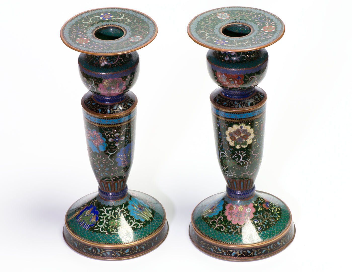 Pair of Antique Chinese Cloisonné Enamel Candlesticks