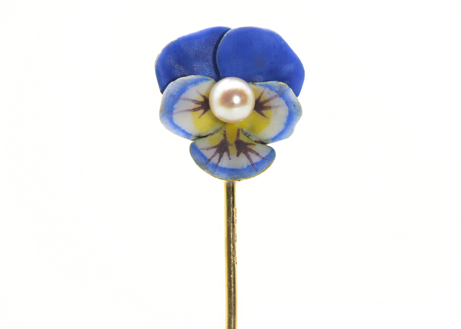 Pansy Flower Victorian Gold Stick Pin with Enamel and Pearl Design