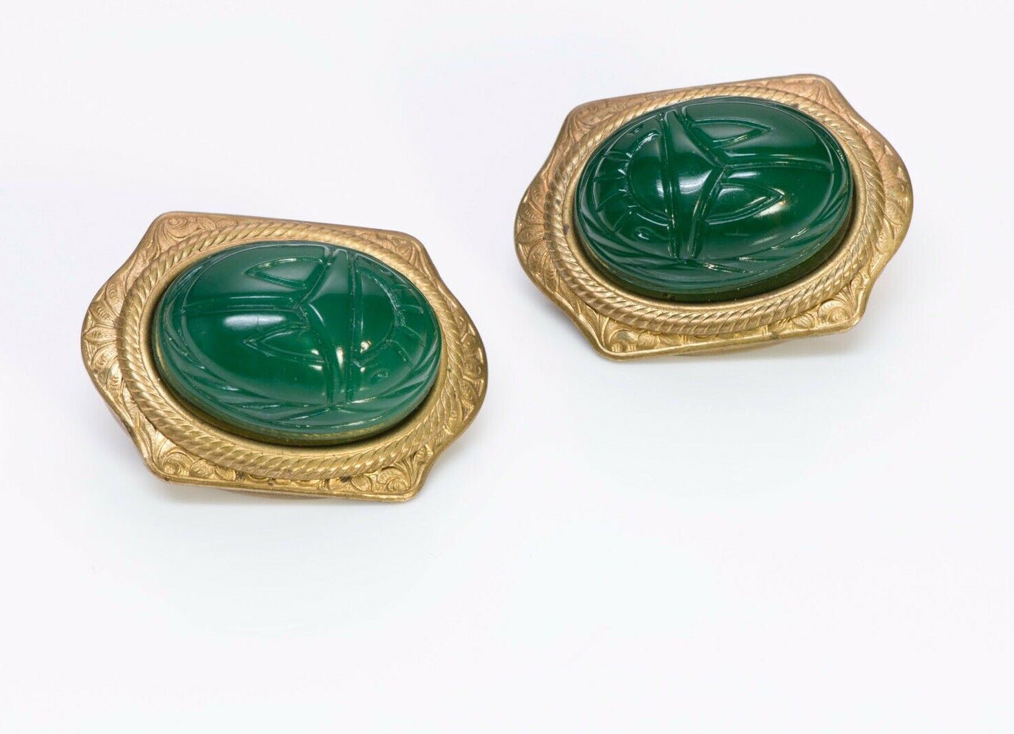 PATRICE Brass Green Glass Scarab Earrings