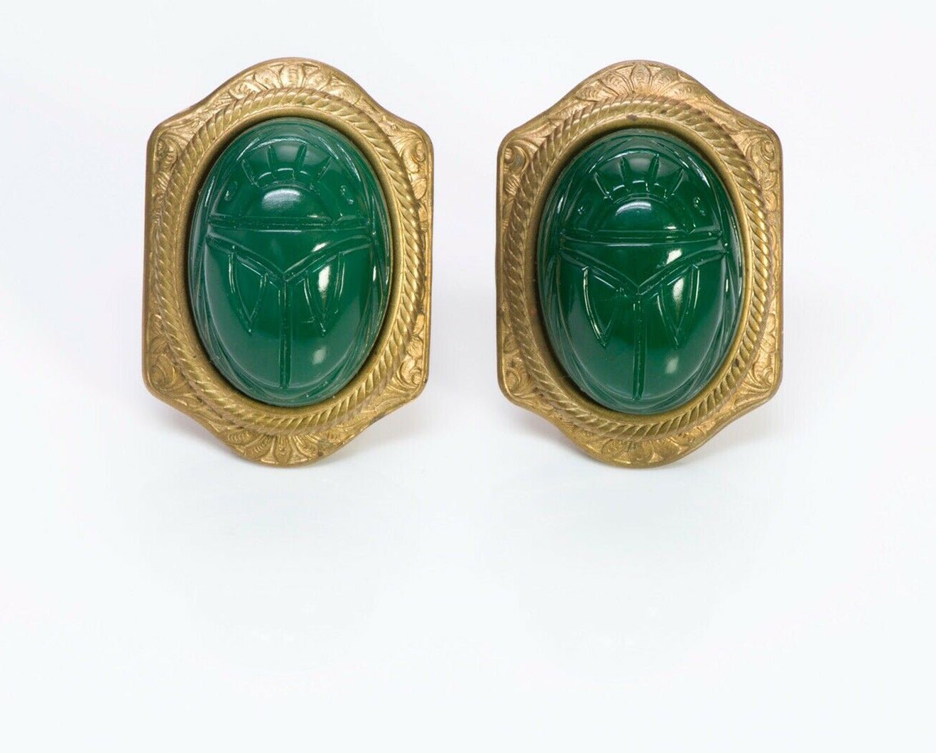 PATRICE Brass Green Glass Scarab Earrings