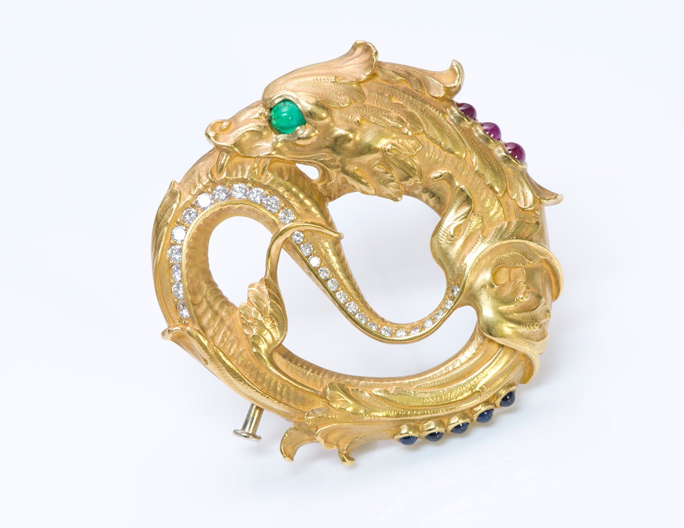 Paul Lantuch 18K Gold Diamond Emerald Sapphire Brooch
