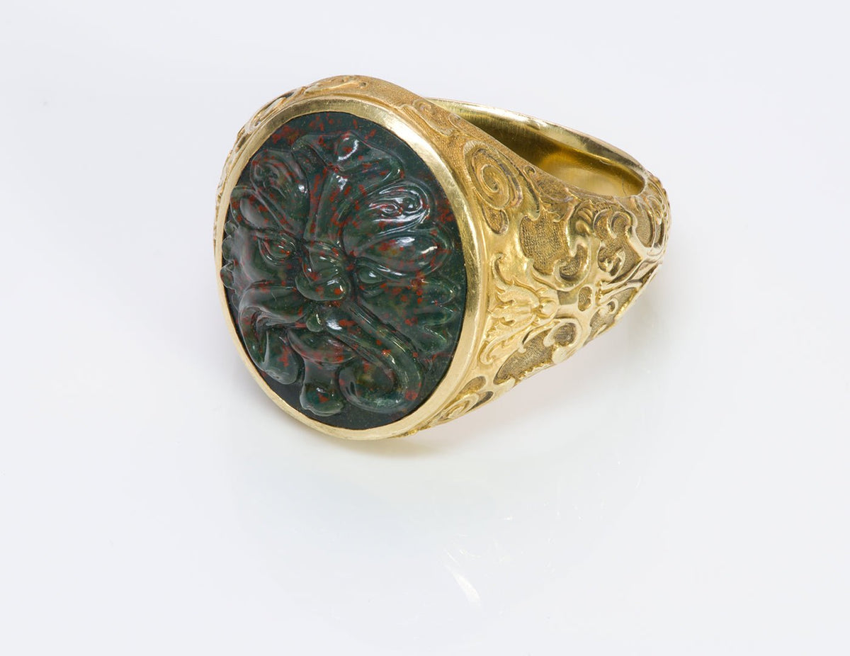 Paul Lantuch Engraved 18K Gold Carved Bloodstone Men's Ring