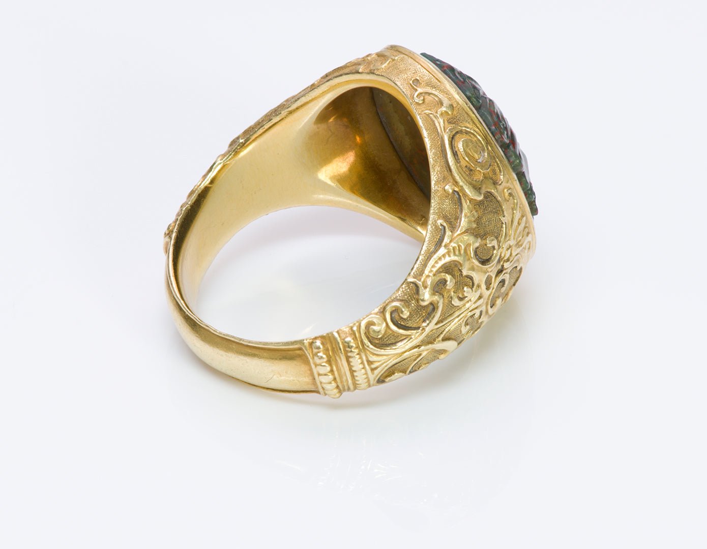 Paul Lantuch Engraved 18K Gold Carved Bloodstone Men's Ring
