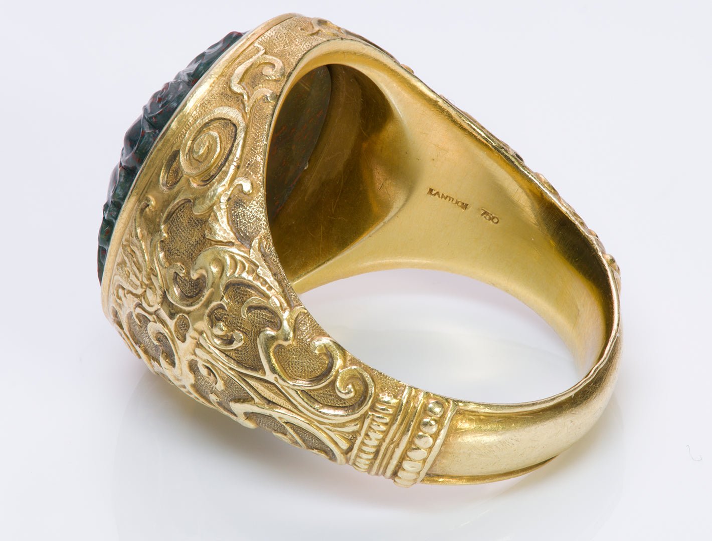 Paul Lantuch Engraved 18K Gold Carved Bloodstone Men's Ring