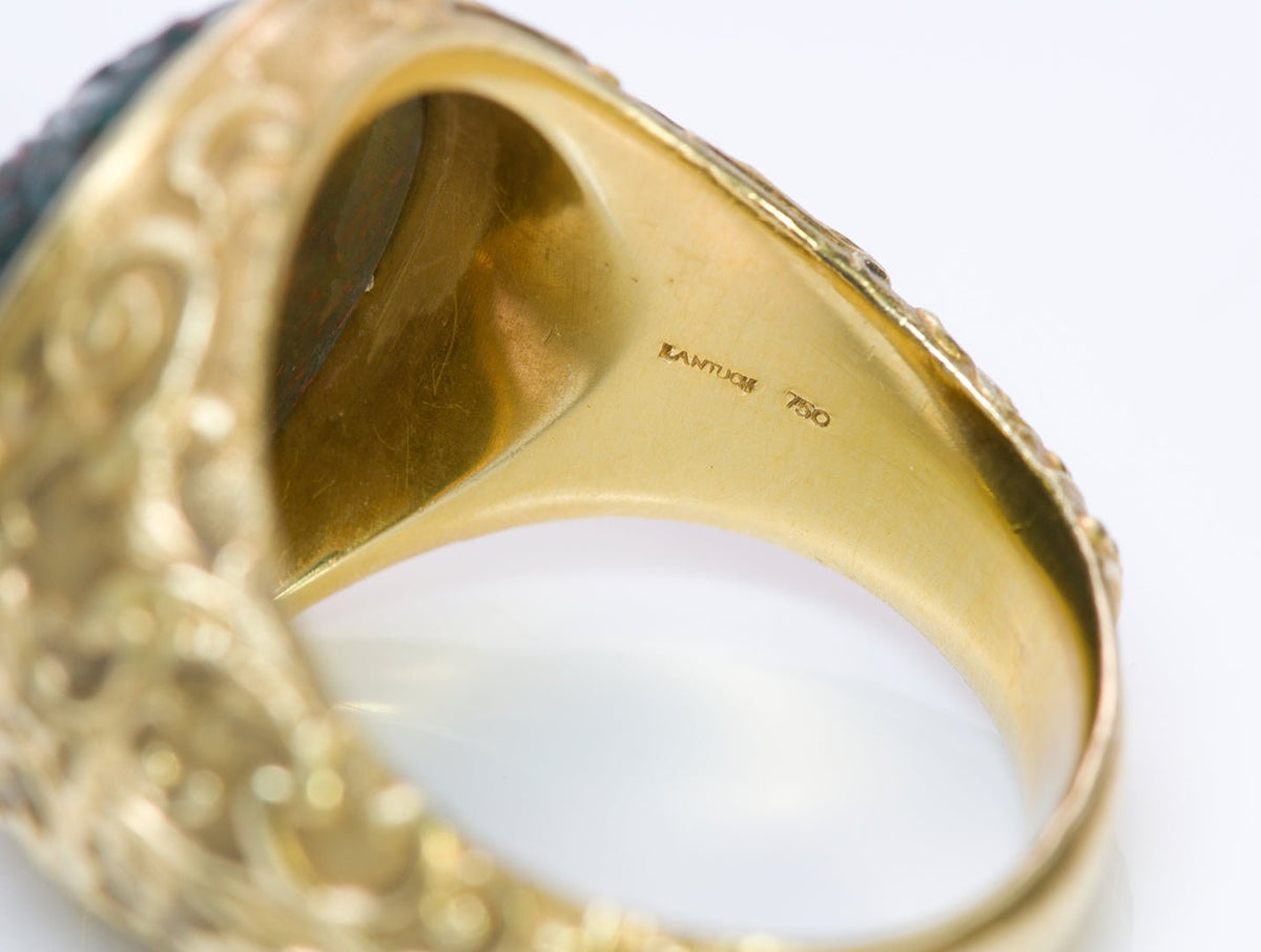 Paul Lantuch Engraved 18K Gold Carved Bloodstone Men's Ring