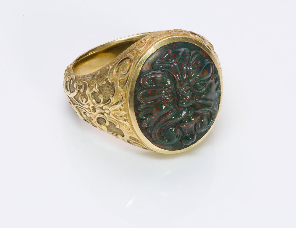 Paul Lantuch Engraved 18K Gold Carved Bloodstone Men's Ring