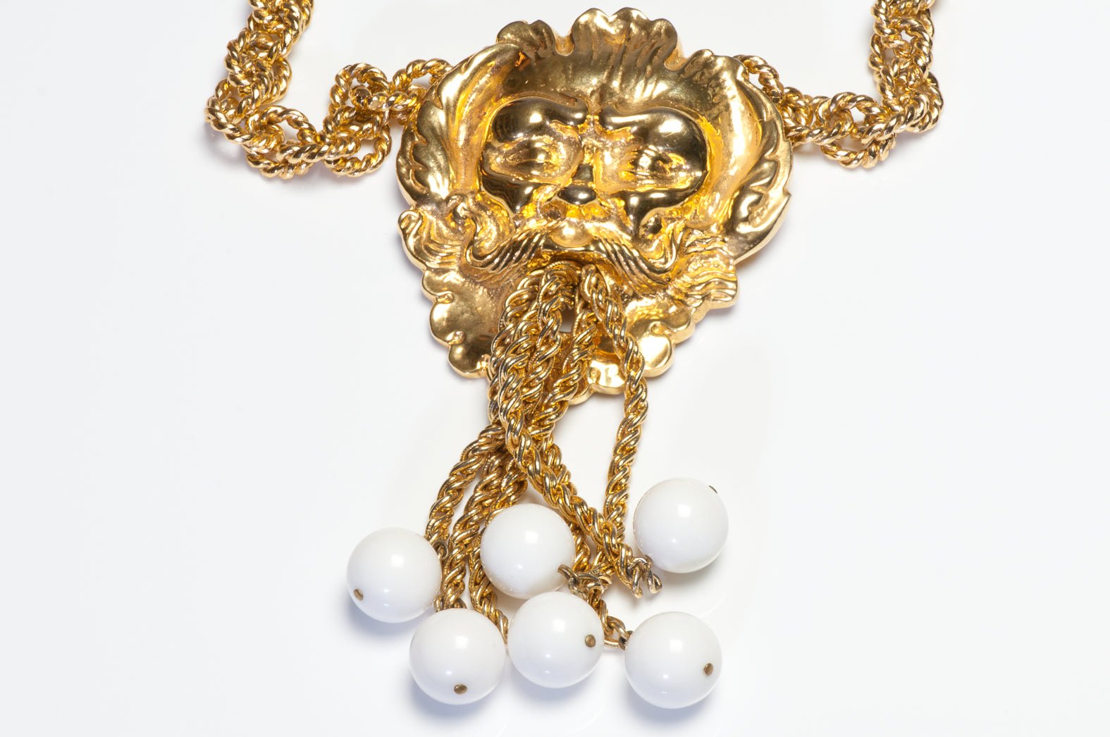 Pauline Rader Mythological Chain Tassel White Beads Brooch Pendant Necklace