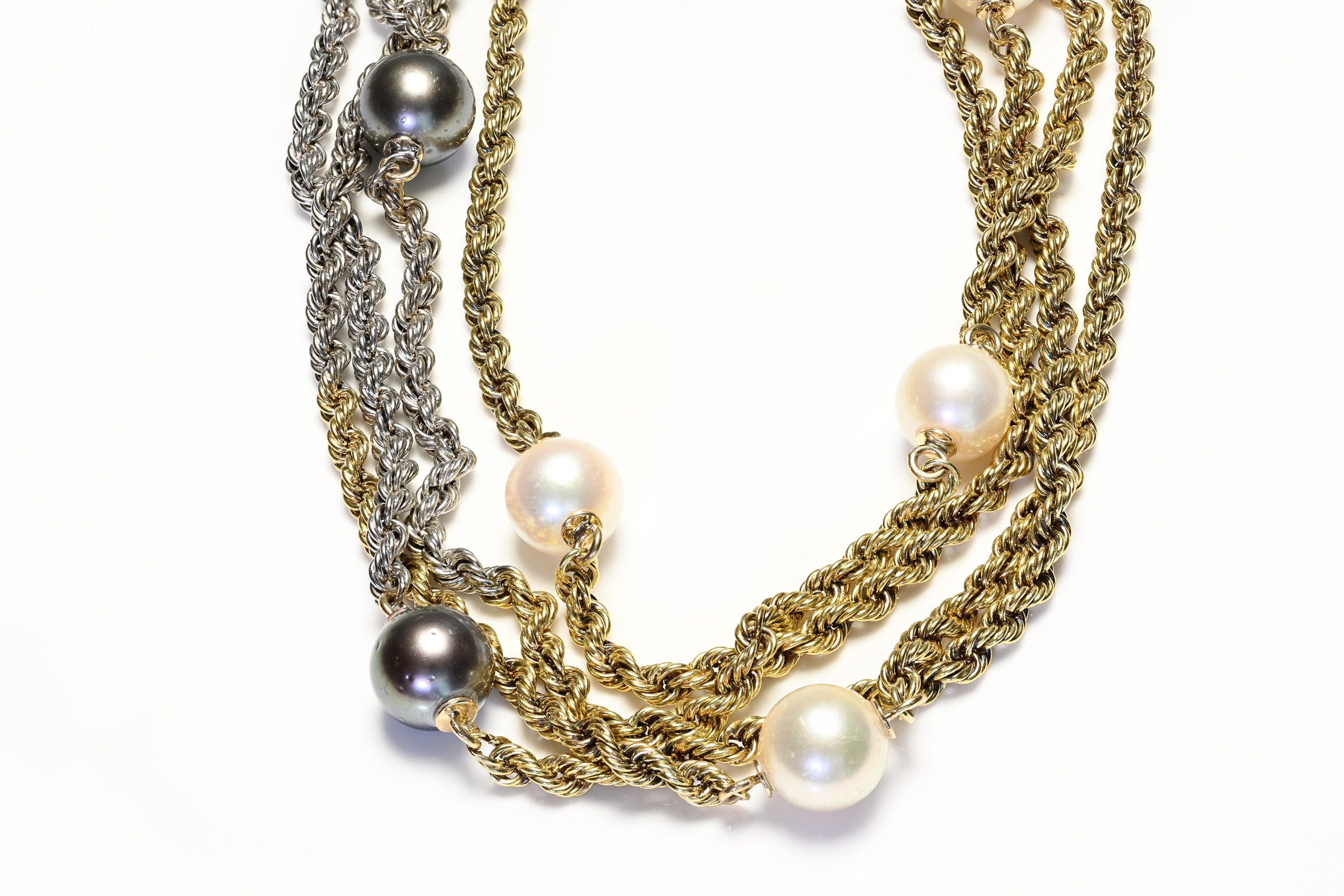 Vintage Two Tone Gold Rope Chain Grey White Pearl Long Necklace