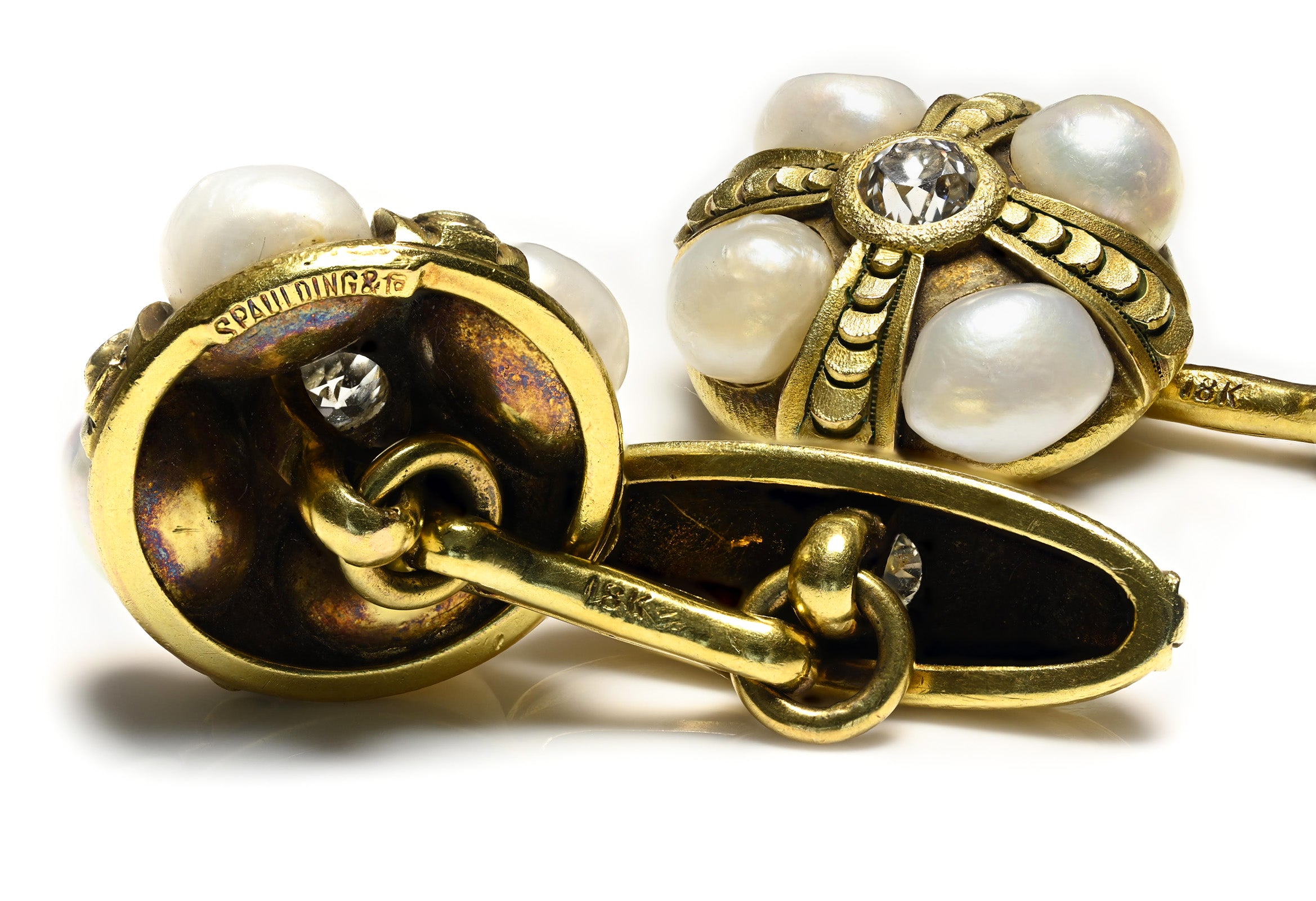 Spaulding & Co. Antique Natural Pearl and Diamond 18K Gold Floral Cufflinks