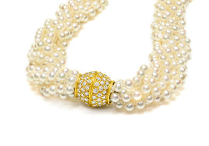 Multi-Strand Pearl Necklace with 18K Gold 3 CTW Diamond Spherical Clasp