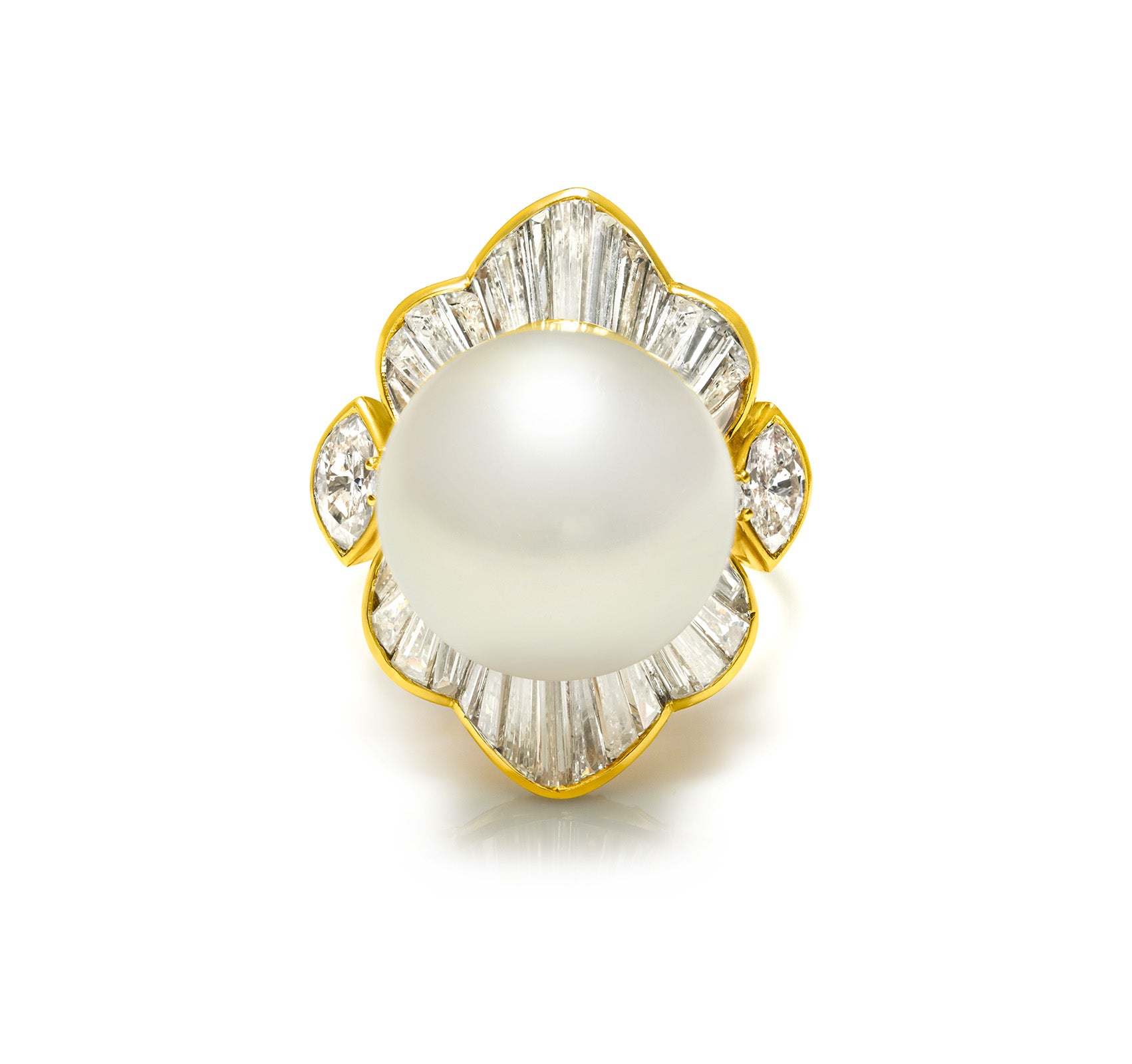 Opulent 18K Gold Pearl Ring with Marquise and Baguette Diamonds