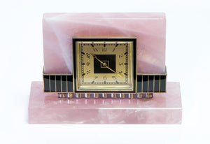 Phelps & Perry Art Deco Silver Enamel & Rose Quartz Clock
