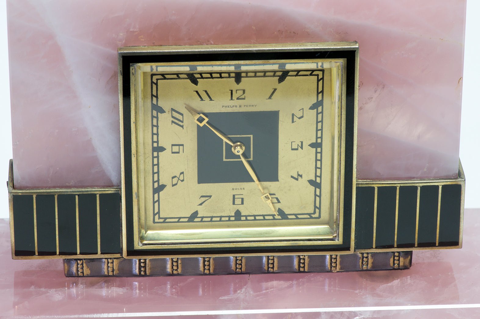 Phelps & Perry Art Deco Silver Enamel & Rose Quartz Clock